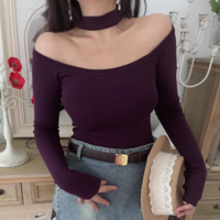 halterneck long-sleeved sexy bottoming top - Thumbnail 7