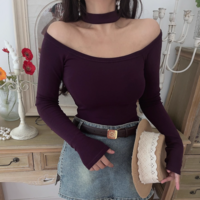 halterneck long-sleeved sexy bottoming top - Thumbnail 9
