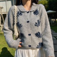 Sweet beaded chic butterfly button loose sweater retro lapel long-sleeved knitted cardigan - Thumbnail 4