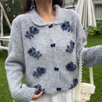 Sweet beaded chic butterfly button loose sweater retro lapel long-sleeved knitted cardigan - Thumbnail 2