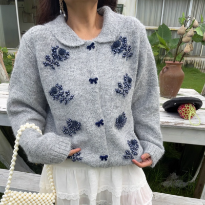 Sweet beaded chic butterfly button loose sweater retro lapel long-sleeved knitted cardigan