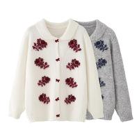 Sweet beaded chic butterfly button loose sweater retro lapel long-sleeved knitted cardigan - Thumbnail 1