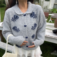 Sweet beaded chic butterfly button loose sweater retro lapel long-sleeved knitted cardigan - Thumbnail 7