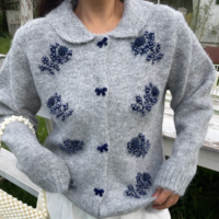 Sweet beaded chic butterfly button loose sweater retro lapel long-sleeved knitted cardigan - Thumbnail 9