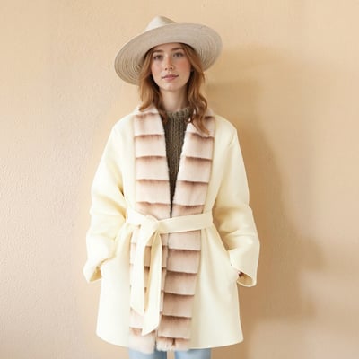 Fashionable and elegant ladylike style faux fur collar mid-length woolen coat