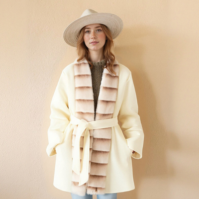 Fashionable and elegant ladylike style faux fur collar mid-length woolen coat