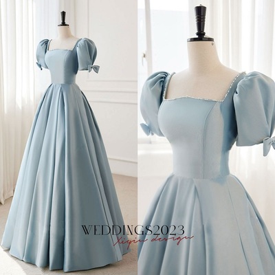 Dusty blue square neck a-line classic formal dress with short puffy sleeves