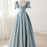 Dusty Blue Square Neck A-line Classic Formal Dress with Short Puffy Sleeves - Thumbnail 1