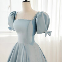 Dusty Blue Square Neck A-line Classic Formal Dress with Short Puffy Sleeves - Thumbnail 2