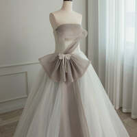 Beautiful Grey Pearl Sequins Bow Prom Dresses Ball Gown Strapless Sleeveless Backless Floor-Length / Long Prom Formal Dresses - Thumbnail 1