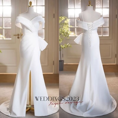 Vintage mermaid straps white satin long wedding dresses,simple split front white formal dress off shoulder