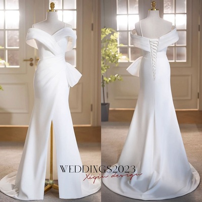 Vintage Mermaid Straps White Satin Long Wedding Dresses,Simple Split Front White Formal Dress Off Shoulder