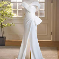 Vintage Mermaid Straps White Satin Long Wedding Dresses,Simple Split Front White Formal Dress Off Shoulder - Thumbnail 3