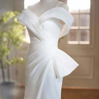 Vintage Mermaid Straps White Satin Long Wedding Dresses,Simple Split Front White Formal Dress Off Shoulder - Thumbnail 4