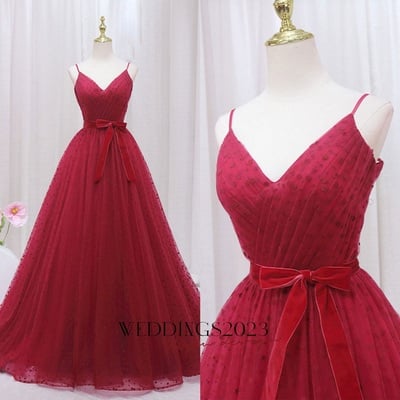 Red spaghetti strap ball gown polka dot tulle prom dress formal dress