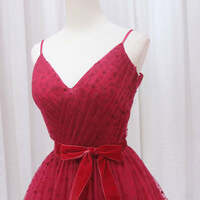 Red Spaghetti Strap Ball Gown Polka Dot Tulle Prom Dress Formal Dress - Thumbnail 4
