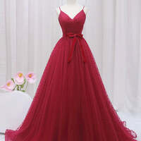 Red Spaghetti Strap Ball Gown Polka Dot Tulle Prom Dress Formal Dress - Thumbnail 1