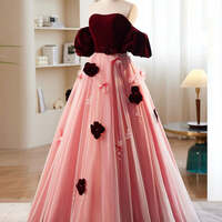 Burgundy and Pink Off-the-Shoulder Beaded Appliques Maxi Formal Dress,A-Line Burgundy/Pink Tulle Velvet Long Prom Dress, Burgundy Formal Dress - Thumbnail 2