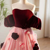 Burgundy and Pink Off-the-Shoulder Beaded Appliques Maxi Formal Dress,A-Line Burgundy/Pink Tulle Velvet Long Prom Dress, Burgundy Formal Dress - Thumbnail 3