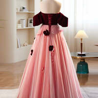 Burgundy and Pink Off-the-Shoulder Beaded Appliques Maxi Formal Dress,A-Line Burgundy/Pink Tulle Velvet Long Prom Dress, Burgundy Formal Dress - Thumbnail 4