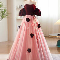 Burgundy and Pink Off-the-Shoulder Beaded Appliques Maxi Formal Dress,A-Line Burgundy/Pink Tulle Velvet Long Prom Dress, Burgundy Formal Dress - Thumbnail 1