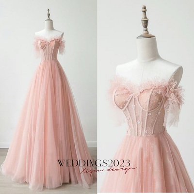 Lovely Blushing Pink Beading Lace Flower Prom Dresses A-Line / Princess Off-The-Shoulder Short Sleeve Backless Floor-Length / Long Formal Dresses