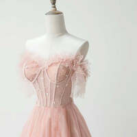 Lovely Blushing Pink Beading Lace Flower Prom Dresses A-Line / Princess Off-The-Shoulder Short Sleeve Backless Floor-Length / Long Formal Dresses - Thumbnail 3