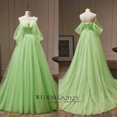 Green tulle with beadings sweetheart floor length party dress, green long formal dress