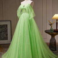 Green Tulle with Beadings Sweetheart Floor Length Party Dress, Green Long Formal Dress - Thumbnail 4