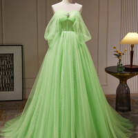 Green Tulle with Beadings Sweetheart Floor Length Party Dress, Green Long Formal Dress - Thumbnail 1