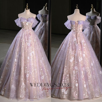 Ball Gown Off-the-shoulder Lace Tulle 3D Floral Prom Dresses,Purple Tulle Sequins Off the Shoulder Princess Quinceanera Dress
