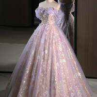 Ball Gown Off-the-shoulder Lace Tulle 3D Floral Prom Dresses,Purple Tulle Sequins Off the Shoulder Princess Quinceanera Dress - Thumbnail 4