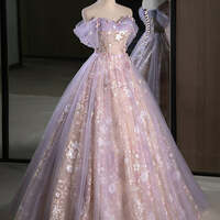 Ball Gown Off-the-shoulder Lace Tulle 3D Floral Prom Dresses,Purple Tulle Sequins Off the Shoulder Princess Quinceanera Dress - Thumbnail 1