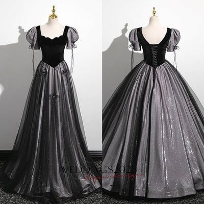 Black tulle sequins square neck puff sleeve quinceanera dress