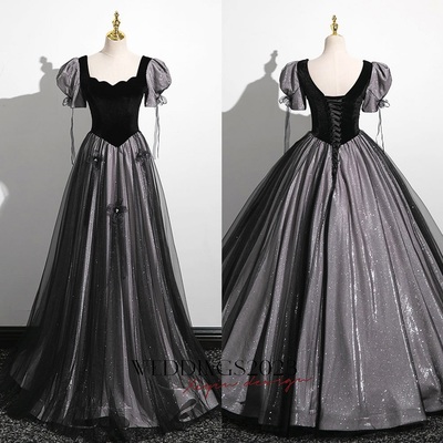 Black Tulle Sequins Square Neck Puff Sleeve Quinceanera Dress