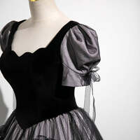 Black Tulle Sequins Square Neck Puff Sleeve Quinceanera Dress - Thumbnail 1