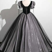 Black Tulle Sequins Square Neck Puff Sleeve Quinceanera Dress - Thumbnail 2