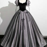 Black Tulle Sequins Square Neck Puff Sleeve Quinceanera Dress - Thumbnail 3