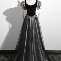 Black Tulle Sequins Square Neck Puff Sleeve Quinceanera Dress - Thumbnail 4