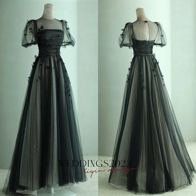 Black Tulle Puffy Short Sleeves A-line Prom Dress, Black Evening Dress Party Dress