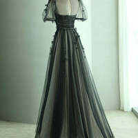 Black Tulle Puffy Short Sleeves A-line Prom Dress, Black Evening Dress Party Dress - Thumbnail 1