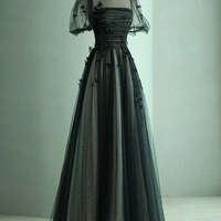 Black Tulle Puffy Short Sleeves A-line Prom Dress, Black Evening Dress Party Dress - Thumbnail 2