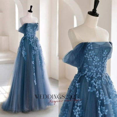  fairy dusty blue tulle floral lace boho prom dress,a-line off shoulder gray blue tulle long prom dress, gray blue long formal dress