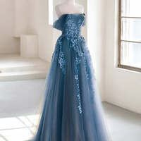  Fairy Dusty Blue Tulle Floral Lace Boho Prom Dress,A-line Off Shoulder Gray Blue Tulle Long Prom Dress, Gray Blue Long Formal Dress - Thumbnail 1