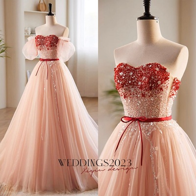 Luxury A-Line Prom Dress Sweetheart Neck Puff Sleeves Lace Sequins Evening Gowns,Tulle Pink Long Prom Dress, Pink Formal Dress