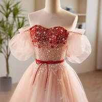 Luxury A-Line Prom Dress Sweetheart Neck Puff Sleeves Lace Sequins Evening Gowns,Tulle Pink Long Prom Dress, Pink Formal Dress - Thumbnail 4