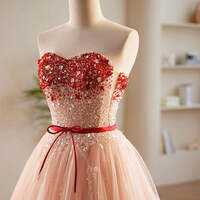 Luxury A-Line Prom Dress Sweetheart Neck Puff Sleeves Lace Sequins Evening Gowns,Tulle Pink Long Prom Dress, Pink Formal Dress - Thumbnail 5