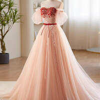 Luxury A-Line Prom Dress Sweetheart Neck Puff Sleeves Lace Sequins Evening Gowns,Tulle Pink Long Prom Dress, Pink Formal Dress - Thumbnail 2
