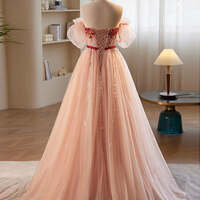 Luxury A-Line Prom Dress Sweetheart Neck Puff Sleeves Lace Sequins Evening Gowns,Tulle Pink Long Prom Dress, Pink Formal Dress - Thumbnail 3