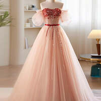 Luxury A-Line Prom Dress Sweetheart Neck Puff Sleeves Lace Sequins Evening Gowns,Tulle Pink Long Prom Dress, Pink Formal Dress - Thumbnail 1